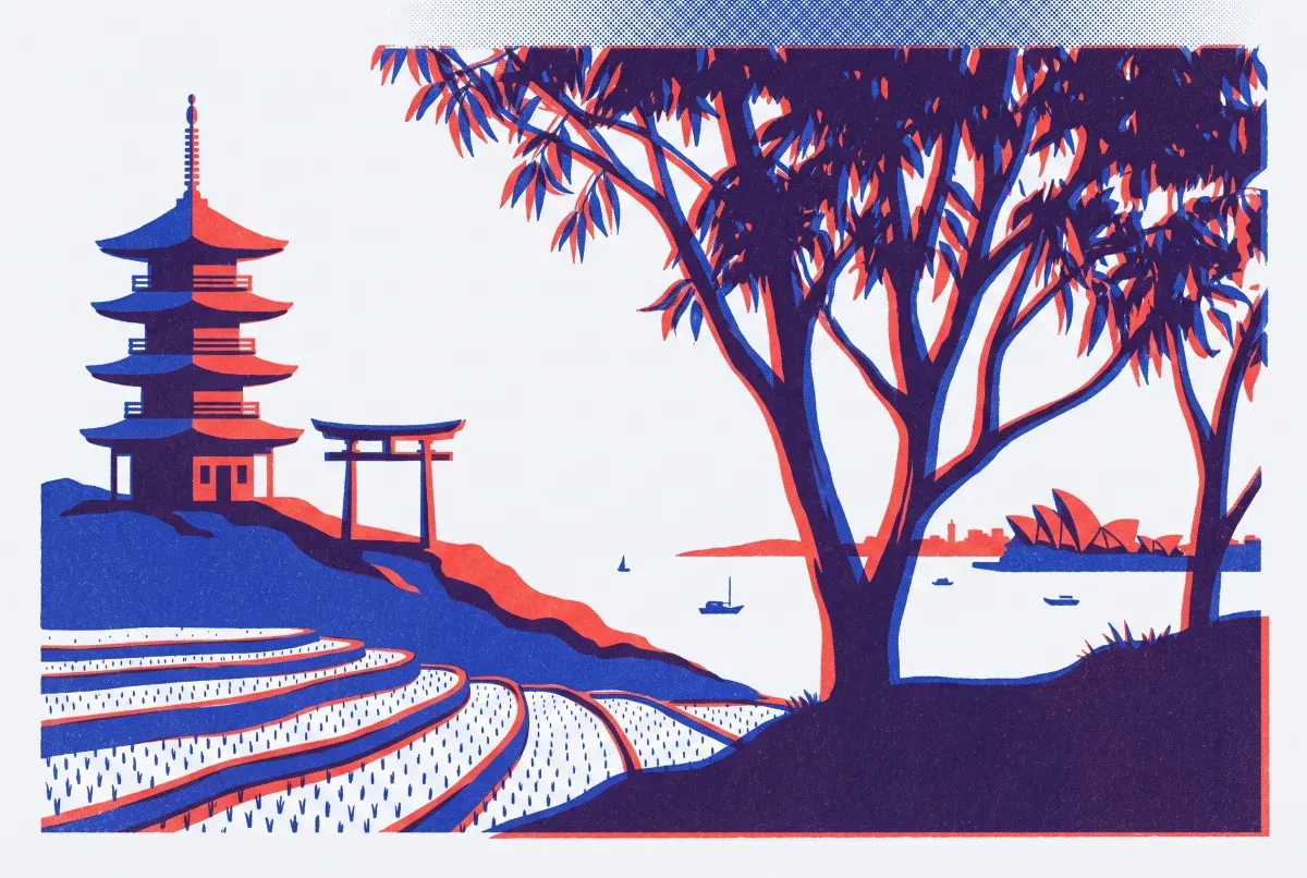 Illustrated postcard of Asia-Pacific