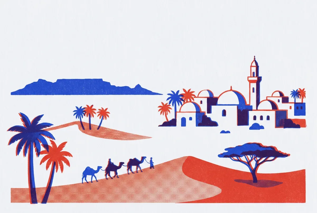 Illustrated postcard of Middle East & Africa