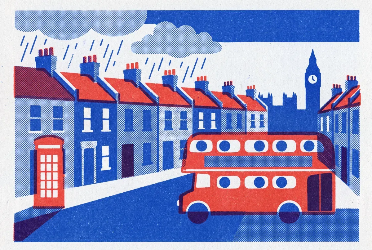 Illustrated postcard: everyday life in United Kingdom